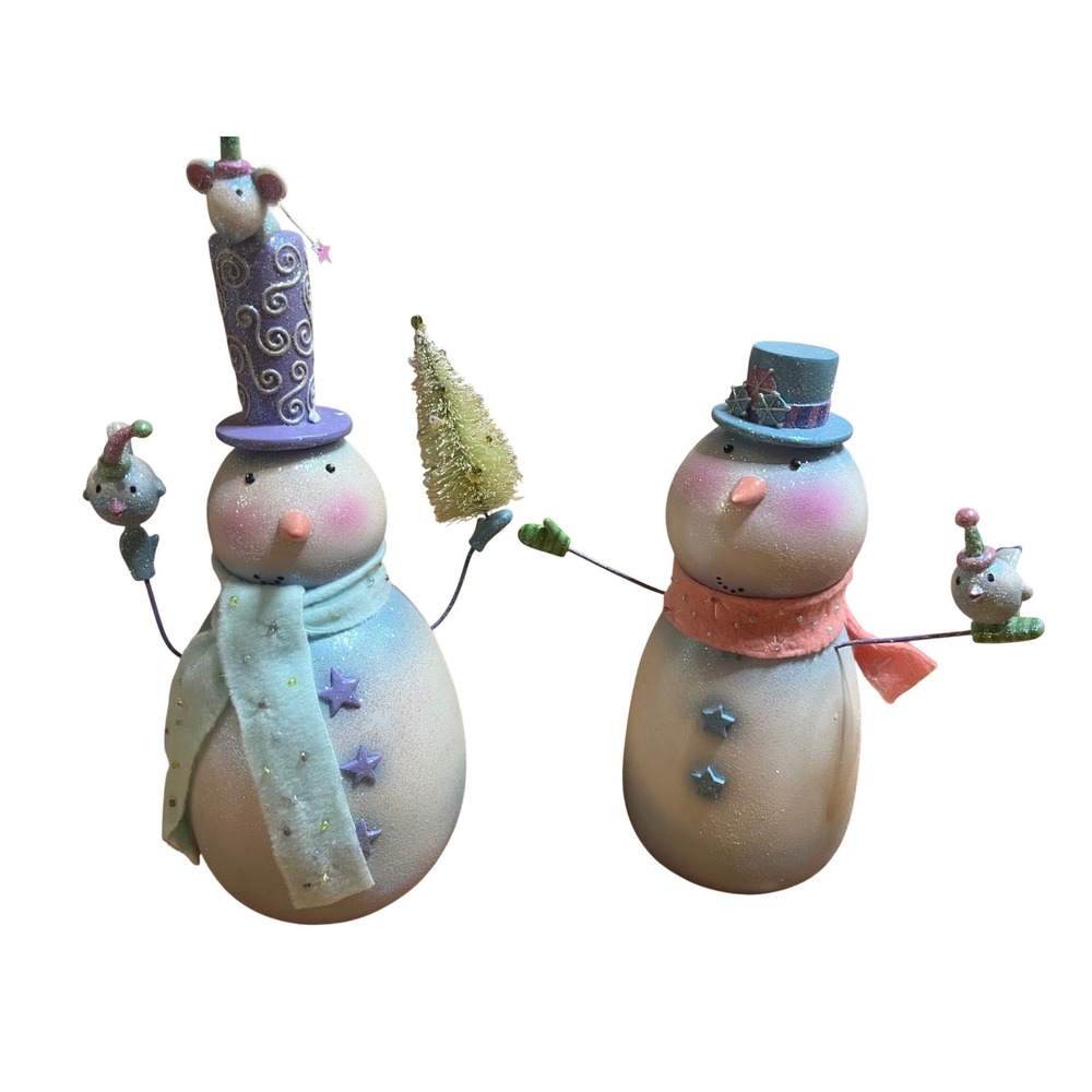 Demdaco Snowball Hollow Snowman Figurine Set Purple Top Hat & Blue Hat 2pc